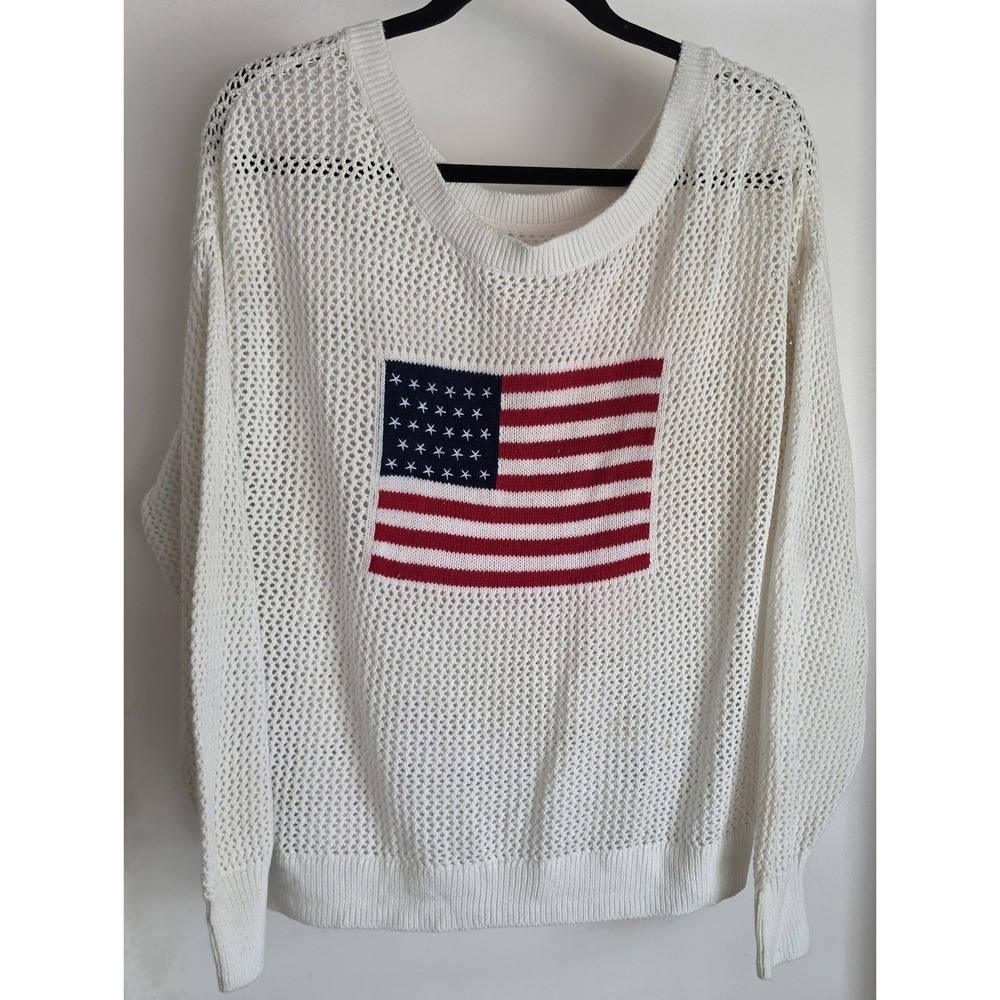 Hollister Co Women's M Long Sleeve White American Flag Sweater Pullover Top